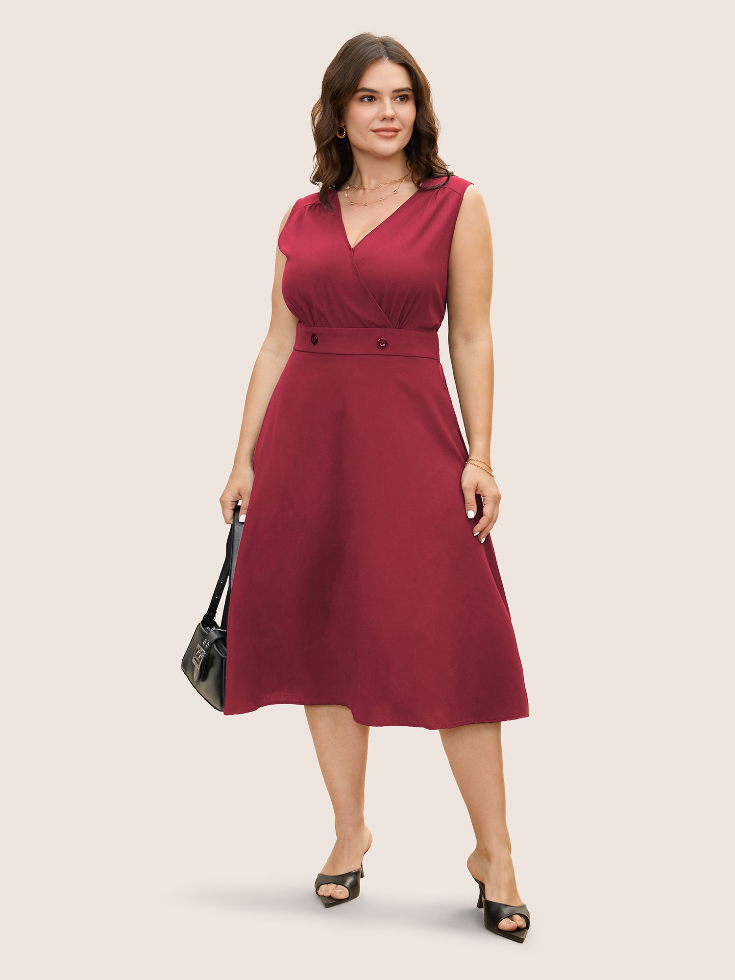 V Neck Plain Split Hem Sleeveless Midi Dress