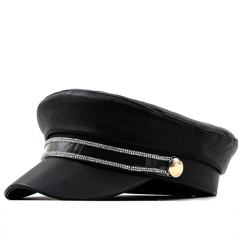 Retro Pu Leather Navy Flat Top Hat