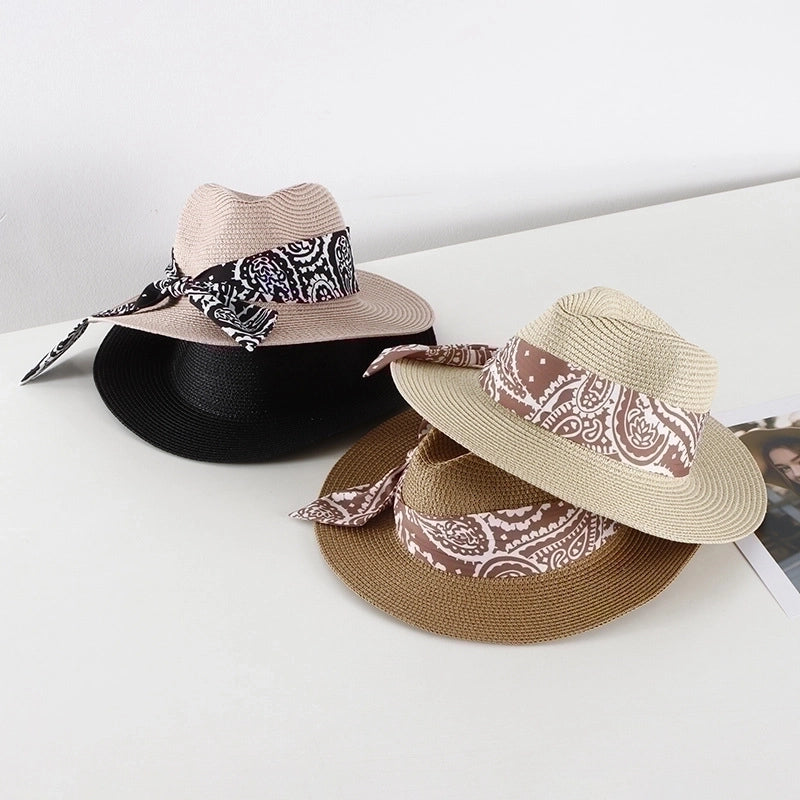 Women's Basic Classic Style Color Block Bowknot Flat Eaves Straw Hat