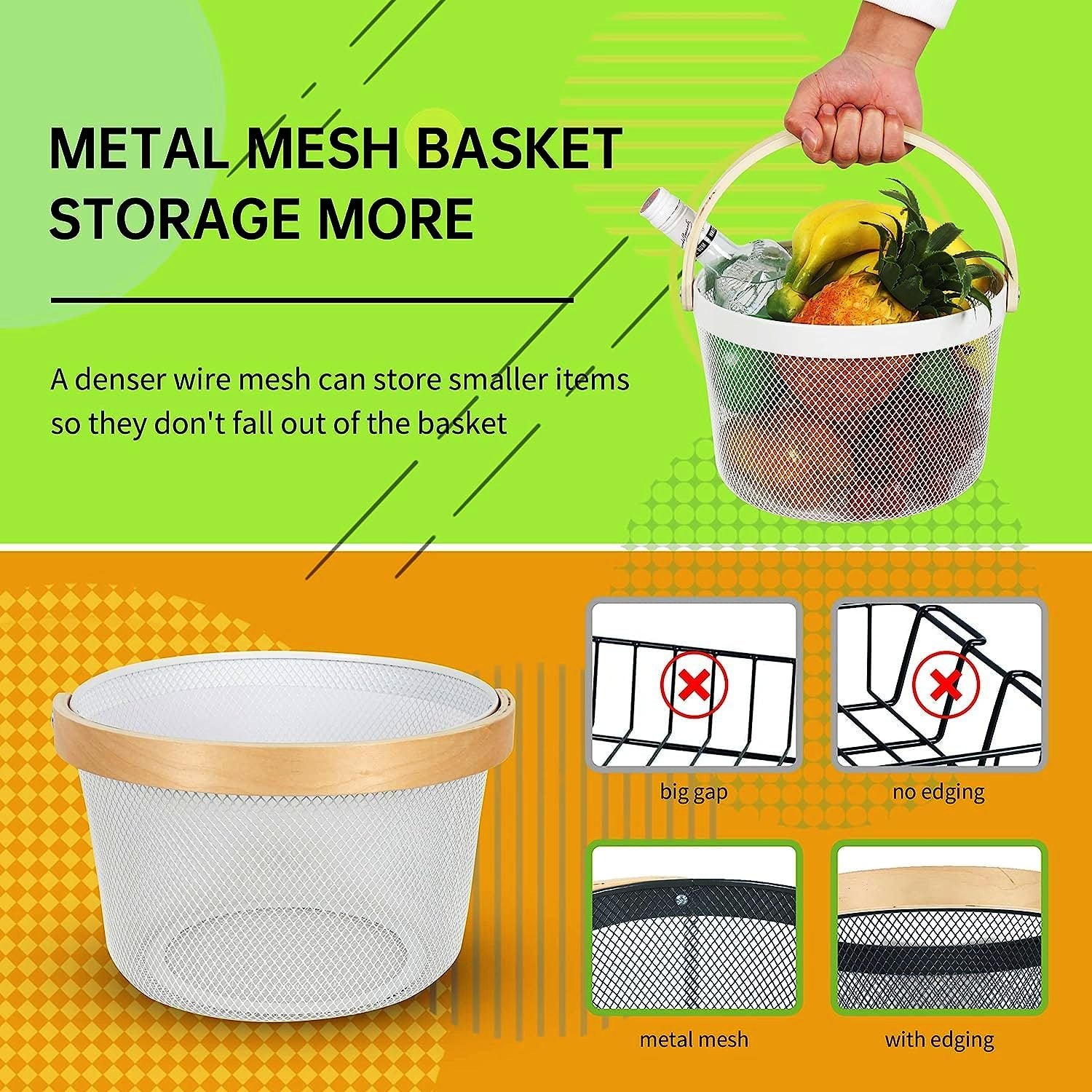 Mesh Steel Basket with Wooden Handle-Round White