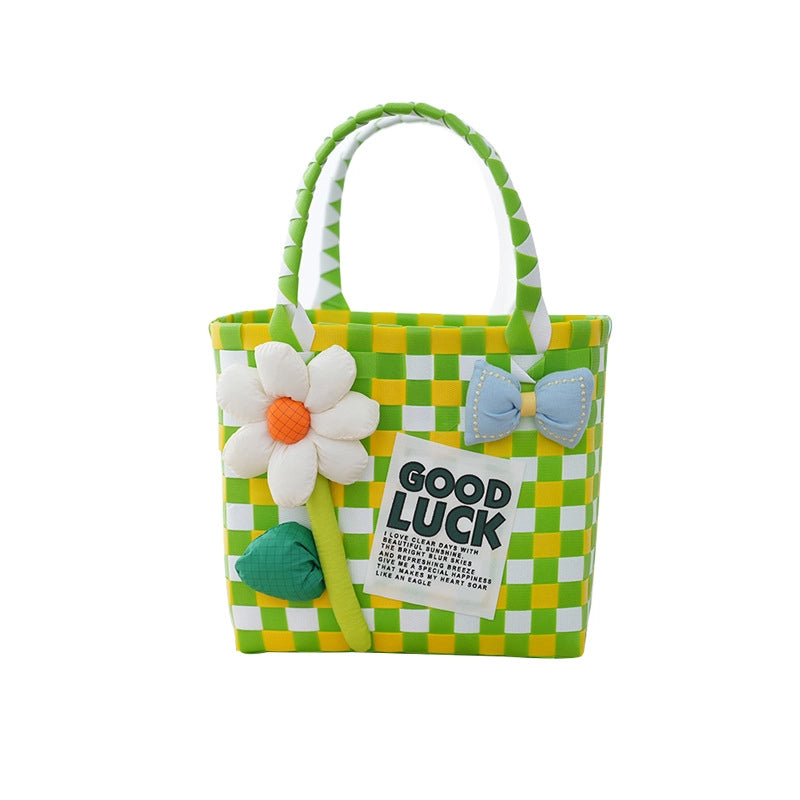 Women's PVC Color Block Plaid Vacation Weave Square Open Square Bag