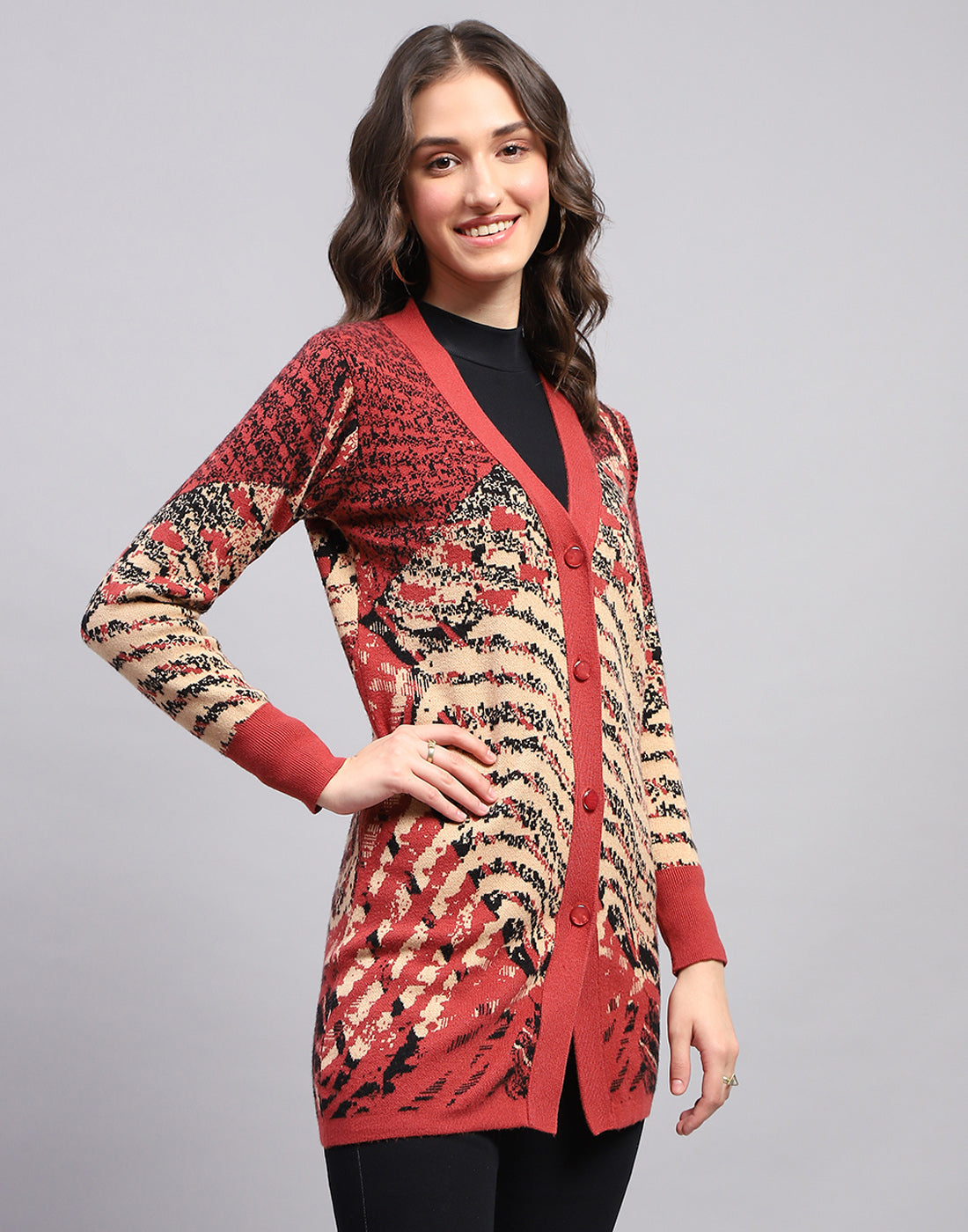 Women Red Self Design V Neck Full Sleeve Cardigan