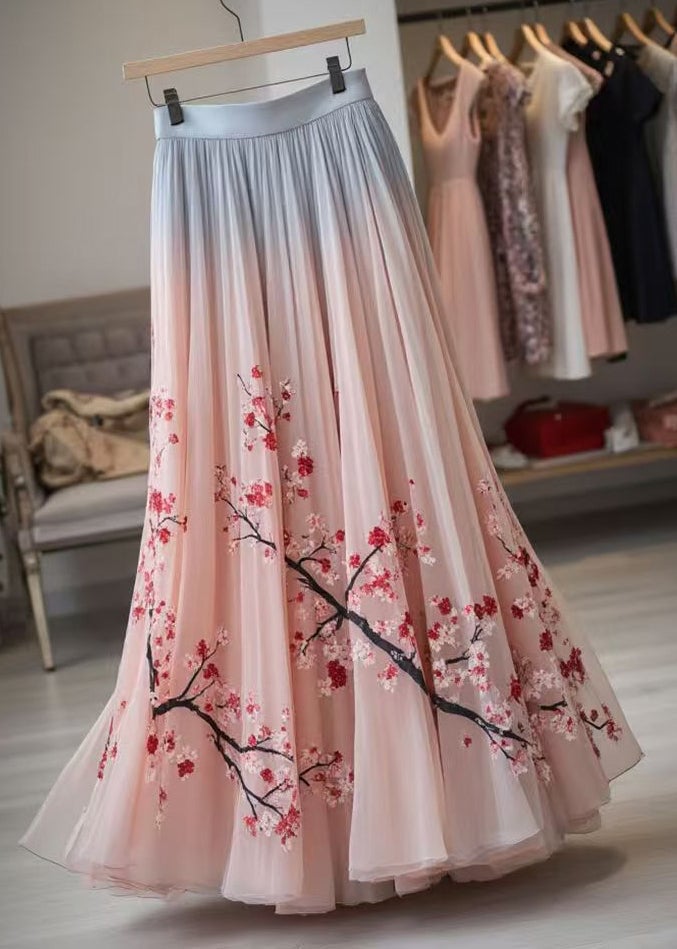 Elegant Pink Print Elastic Waist Chiffon Pleated Skirt Summer