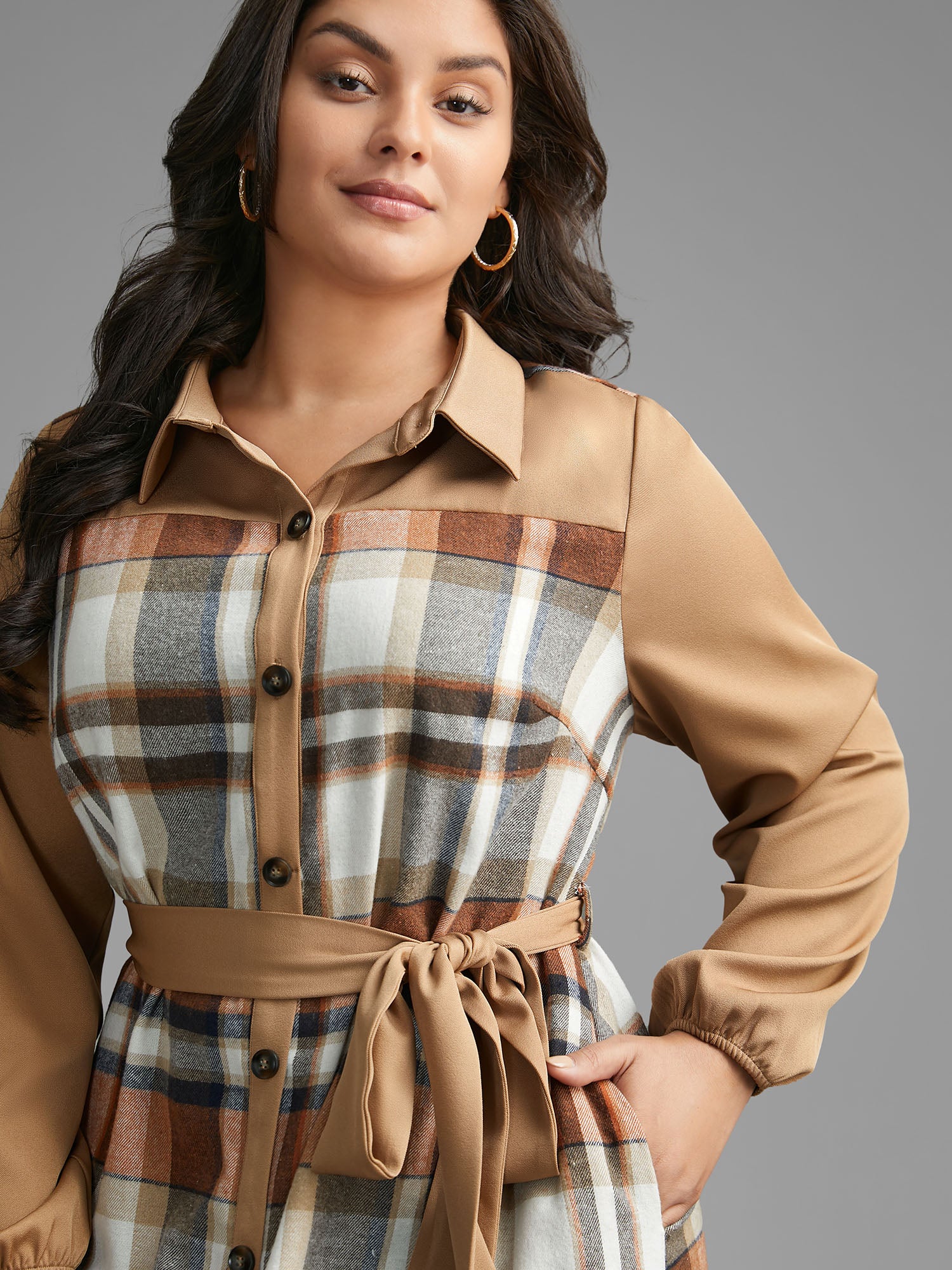 Shirt Collar Plaid Patchwork Belted Dress