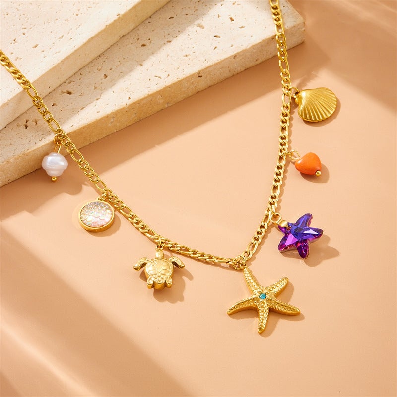 Fashionable Colorful Fish Scale Design Marine Animal Starfish Diamond Turtle Shell Pendant Stainless Steel Necklace