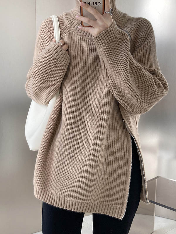 Long Sleeves Loose Split-Joint Split-Side Zipper High Neck Sweater Tops