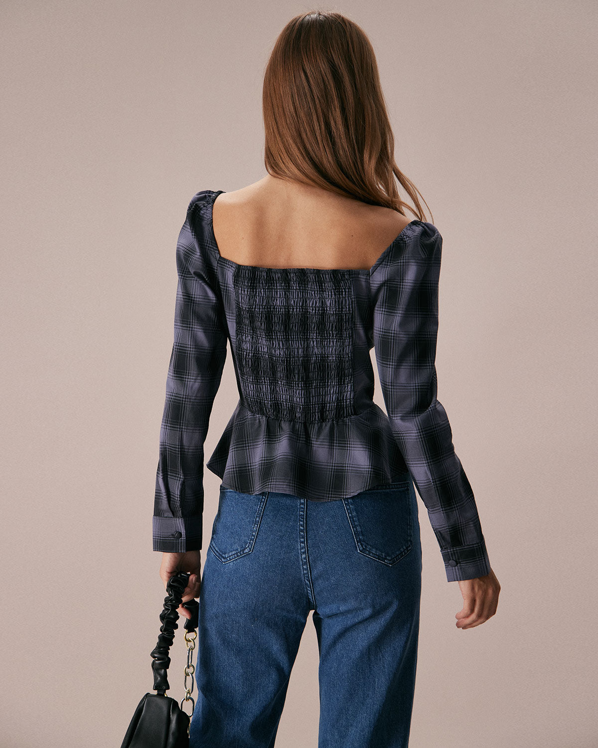 The Dusty Blue Sweetheart Neck Plaid Blouse