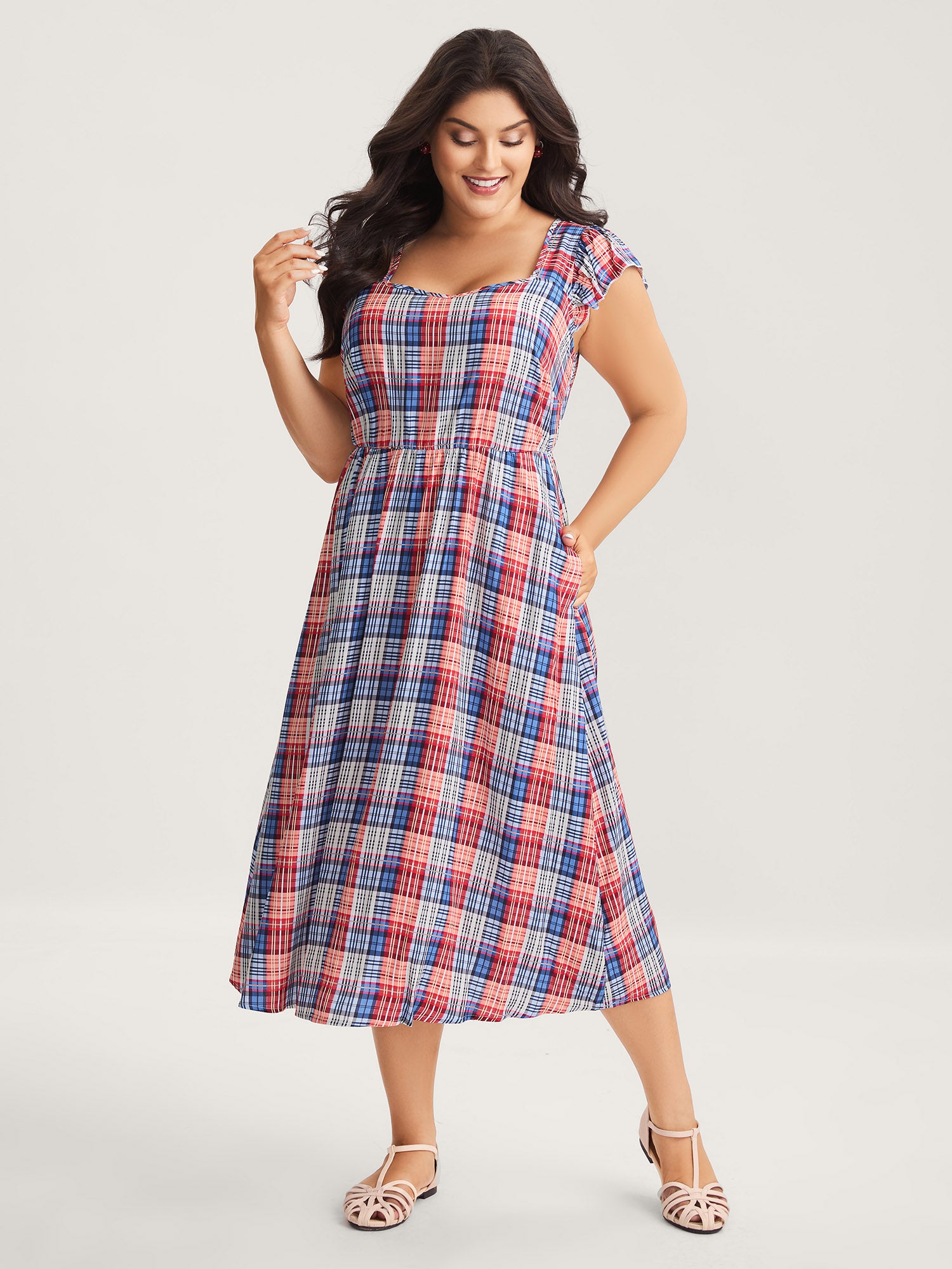 Plaid Print Flutter Sleeve Pockets Midi Dress