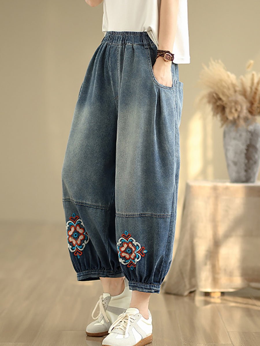 Women Retro Flower Embroidery Denim Harem Pants