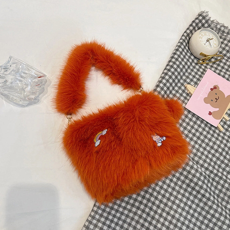 Women's Medium Plush Solid Color Vacation Classic Style Plush Chain Square Zipper Shoulder Bag