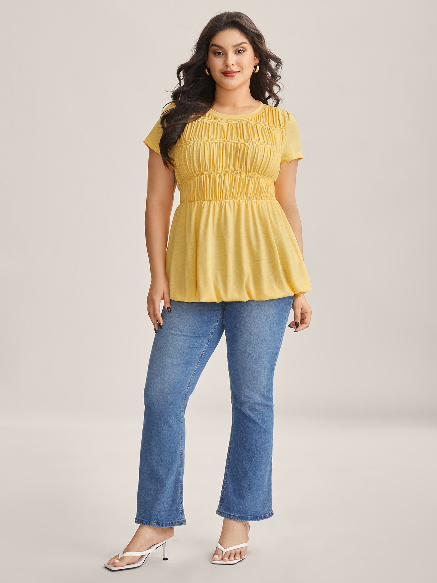Shirred Pleated Plain Knit Top