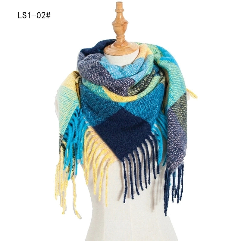 New Circle Yarn Stripe Plaid Polyester Long Tassel Bristle Square Scarf Female Men's Scarf Shawl