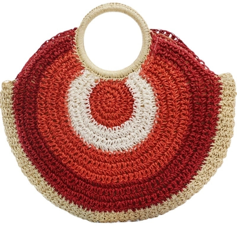 Women's Medium Straw Geometric Vintage Style Weave Round Zipper Straw Bag