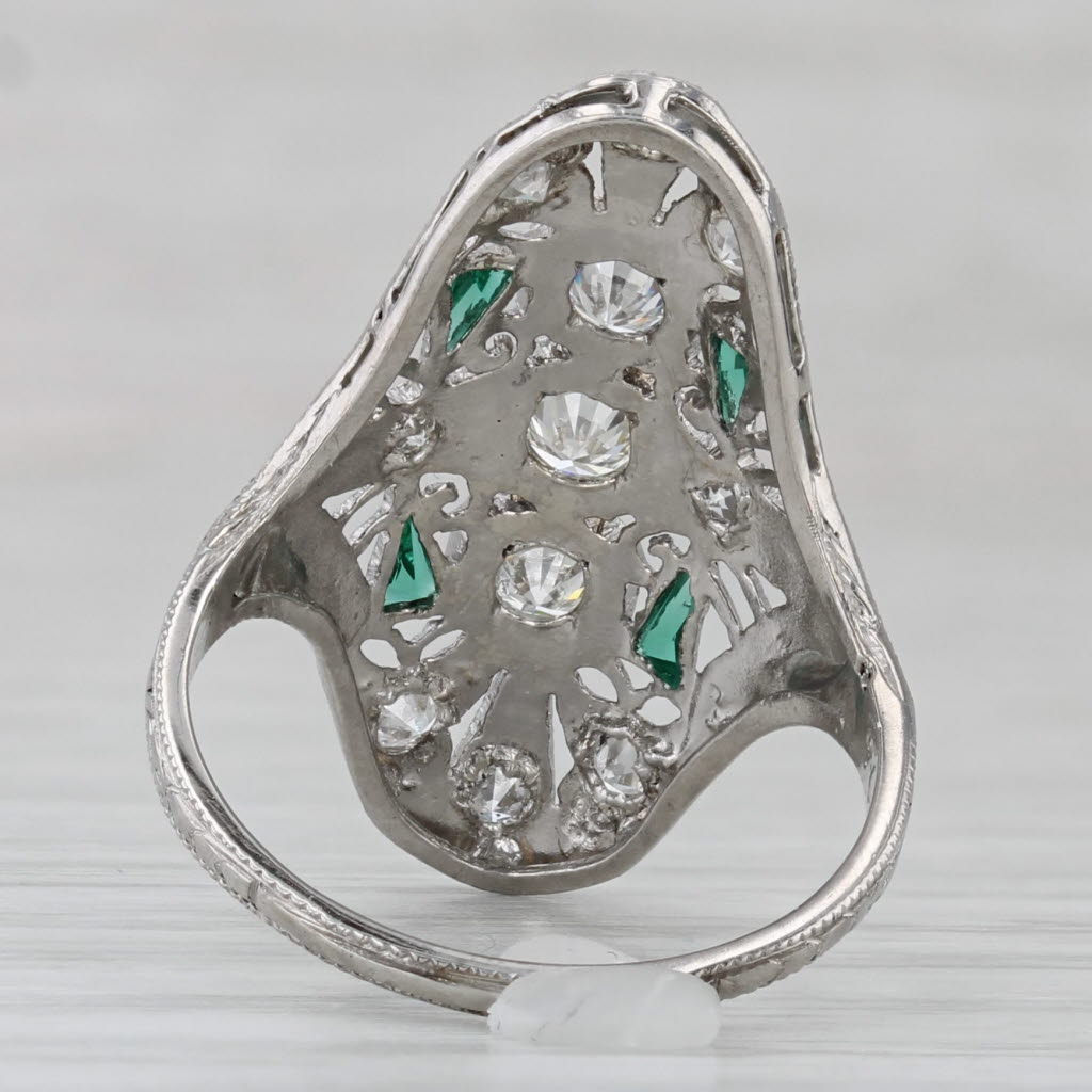 Art Deco 0.40ctw Diamond Lab Created Emerald Ring Platinum Filigree Size 6