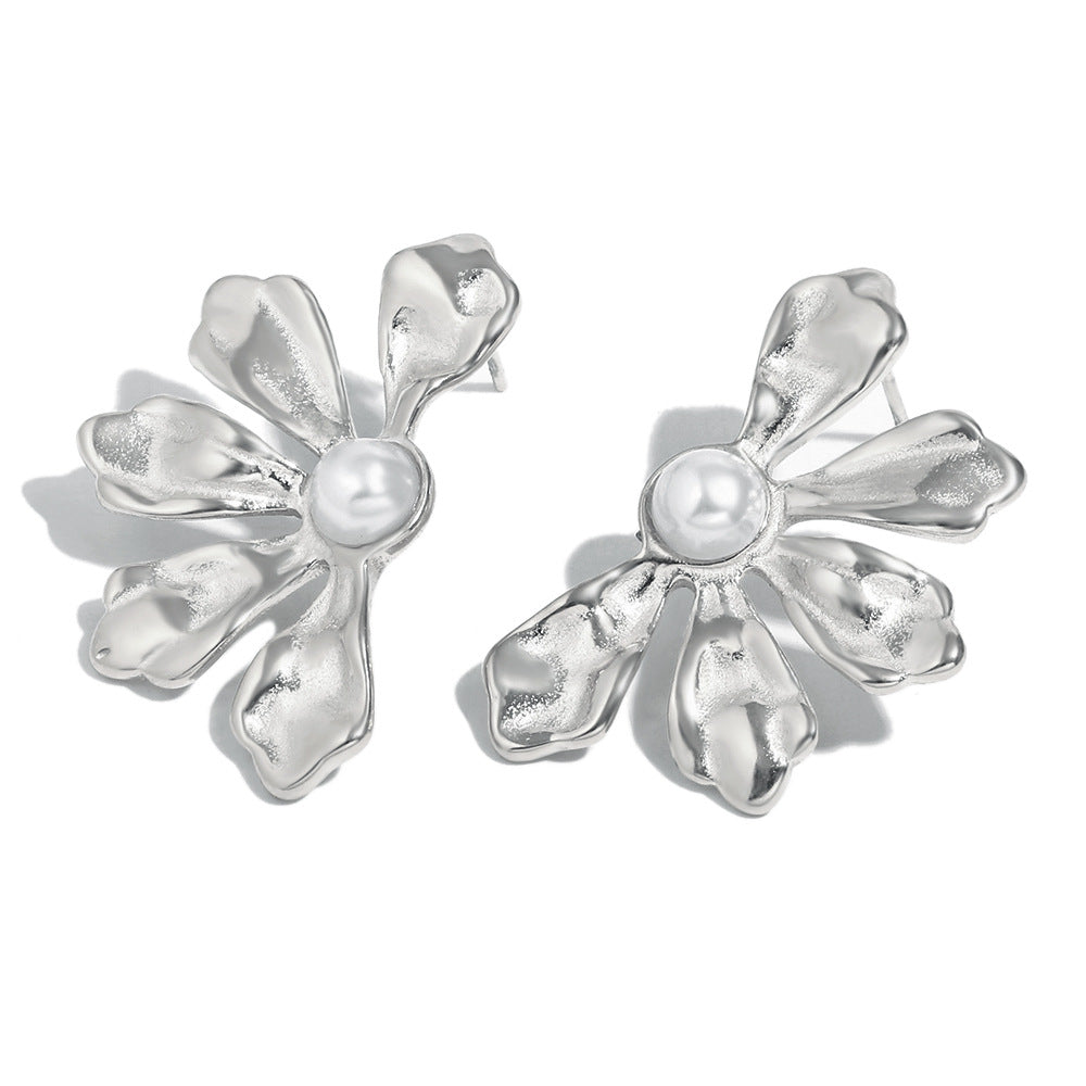 Hot Selling Second-Hand Niche Stainless Steel 18K Gold Plated Flower Pearl Pattern Square Black Jade Earrings For Women