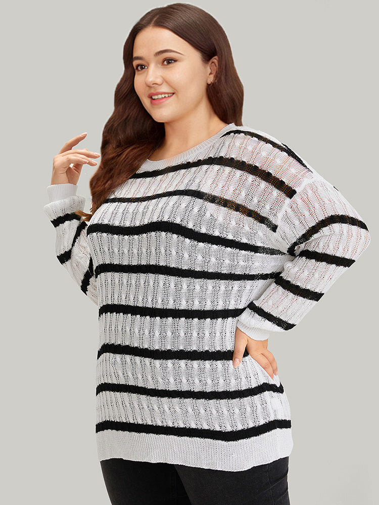 Striped Cable Knit Drop Shoulder Pullover