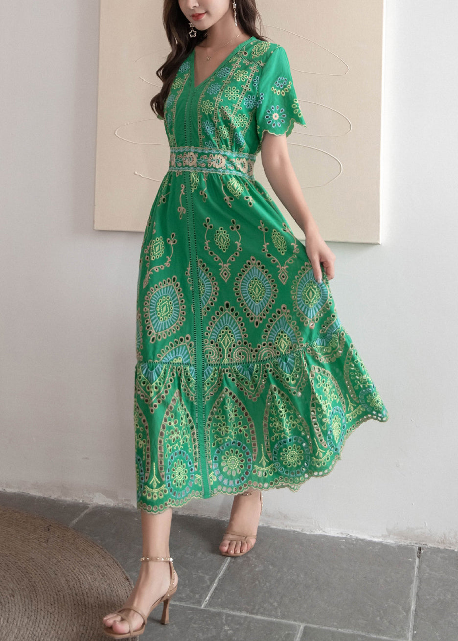 French Green Embroidered Hollow Out Cotton Long Dresses Summer