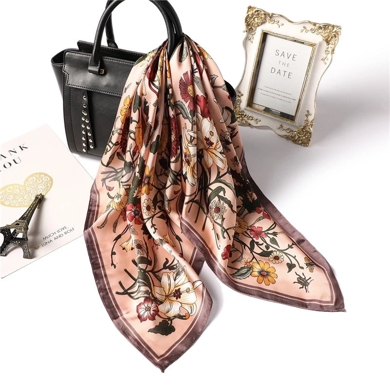 Women's Elegant Flower Satin Printing Silk Scarf