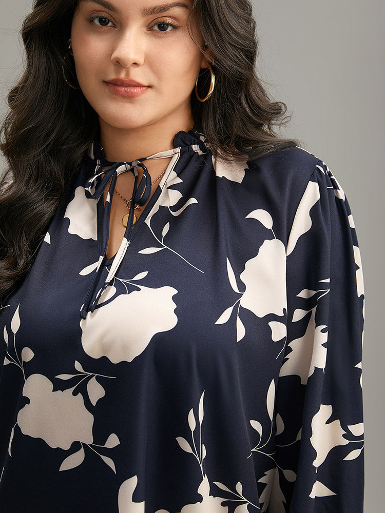 Silhouette Floral Print Stand Collar Tie Neck Blouse