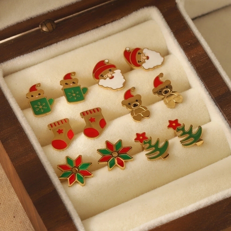 1 Pair Christmas Sweet Minimalist Christmas Tree Santa Claus Enamel 304 Stainless Steel 14K Gold Plated Ear Studs