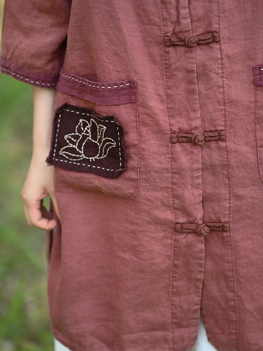 Women Summer Retro Lotus Patch Stand Collar 100%Linen Shirt