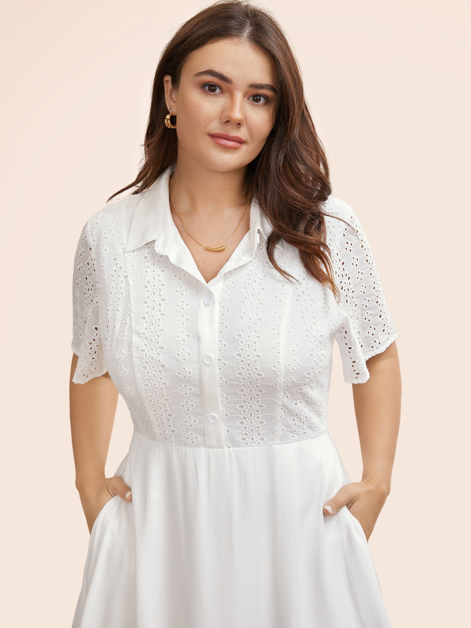 Shirt Collar Broderie Anglaise Midi Dress