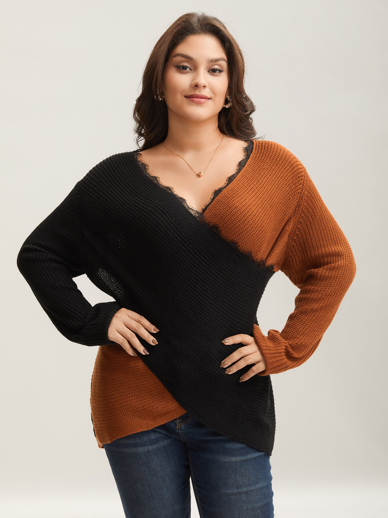 Colorblock Contrast Pointelle Knit Lace Crisscross Knit Top