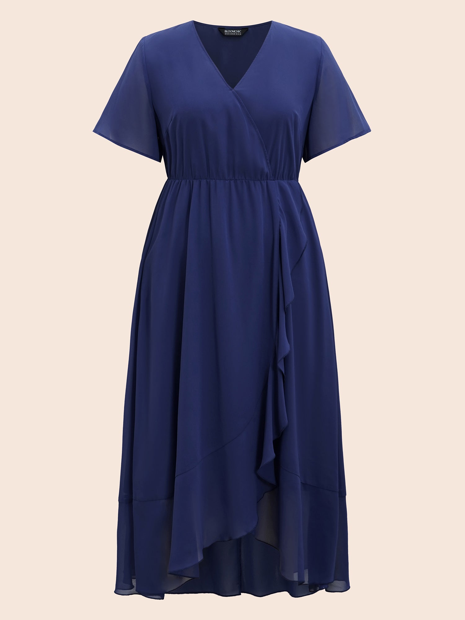 Chiffon Overlap Collar Ruffle Sleeve Dress