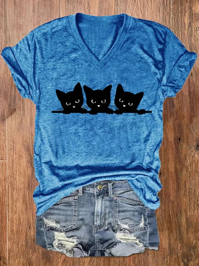 Women's Black Cat Print V-Neck T-Shirt