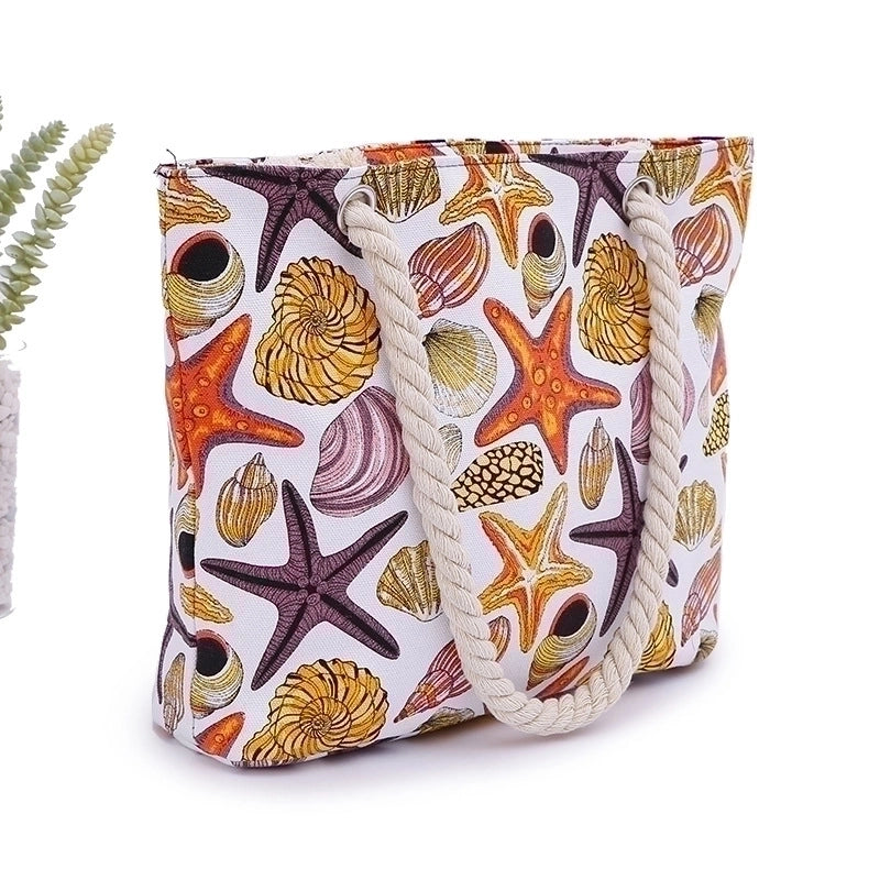 Women's Large Cotton Polyester Starfish Shell Vacation Square Zipper Canvas Bag