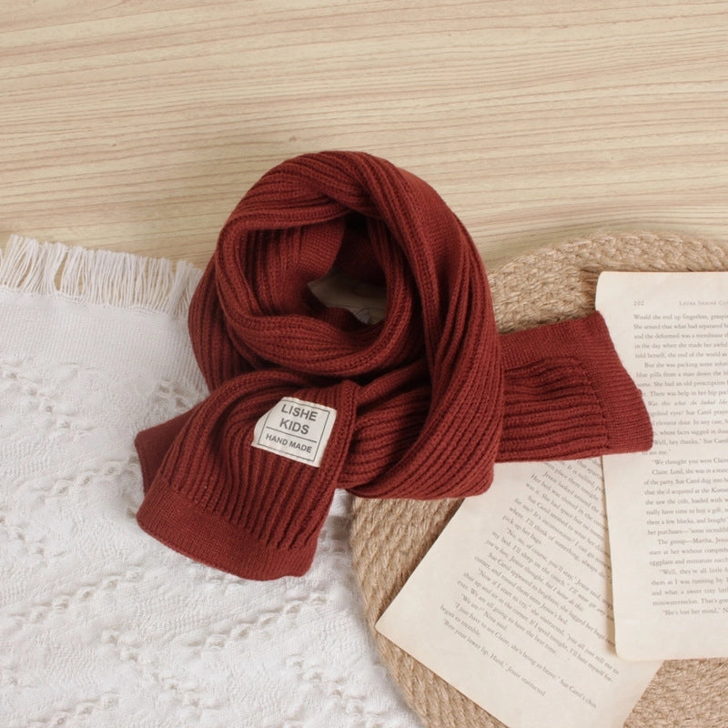 Style Solid Color Vertical Strip Large Label Children's Knitted Scarf Winter New Baby Warm Wool Scarf