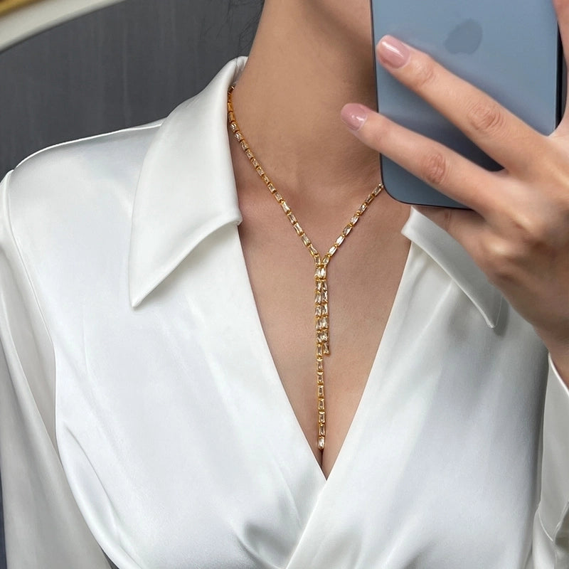 Elegant Minimalist Quadrilateral 304 Stainless Steel Glass Zircon 18K Gold Plated Inlay Pendant Necklace