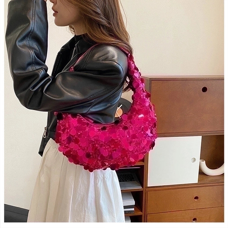 Women's Medium Sequin Solid Color Sexy Classic Style Crescent Shaped Zipper Underarm Bag
