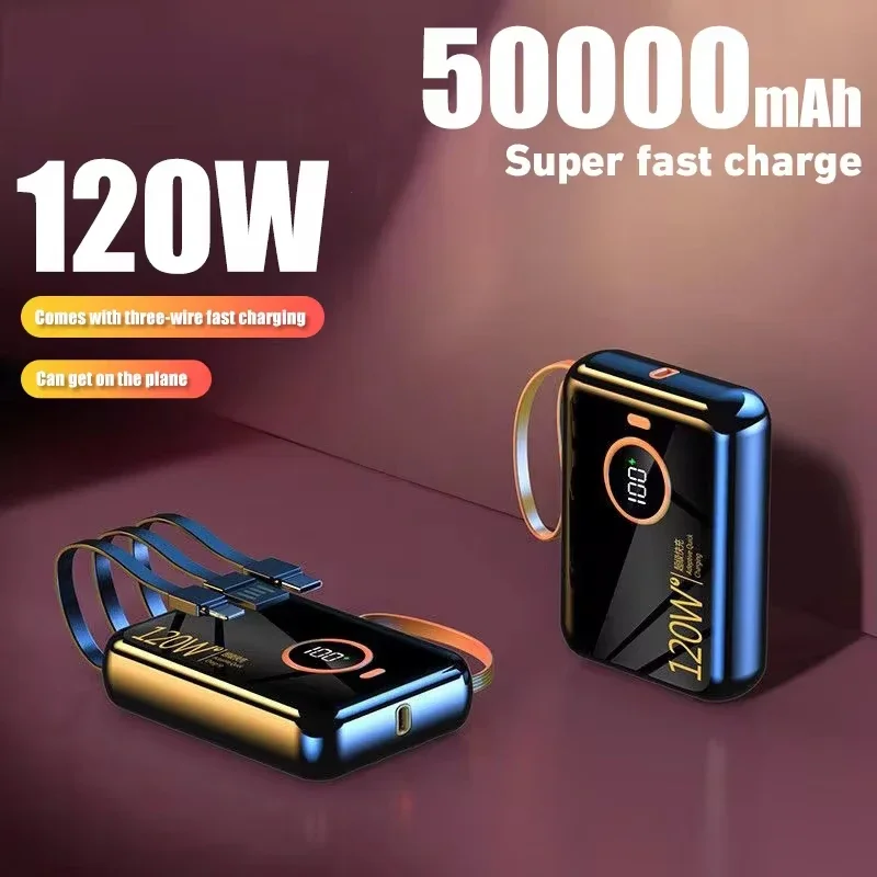 120W Power Bank 50000mAh Portable Large Capacity Mobile Power Supply with USB-c Lightning Cable For IPhone13 14 15 Xiaomi Huawei