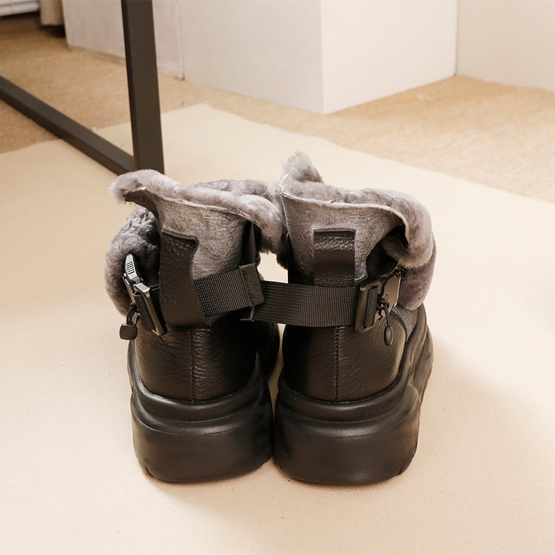Soft Leather Warm Slip-On Ankle Boots Fleece Lined Platform Ankle Boots in Black&Gray