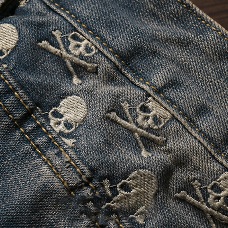 Retro Embroidered Skull Patch Slim Fit Ripped Jeans