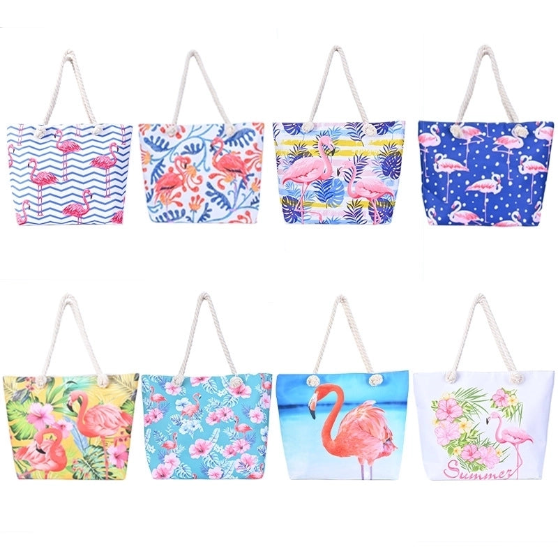Women's Medium Canvas Flamingo Beach Square Zipper Beach Bag