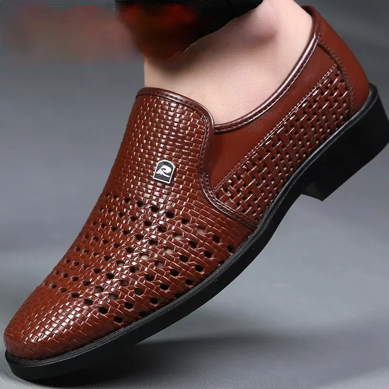 Fransikin business Men's PU Leather Shoes Hollow Sandals Summer Breathable Hole Shoes Man Slip-ons Casual Business Dress Shoes Zapatos De Hombre