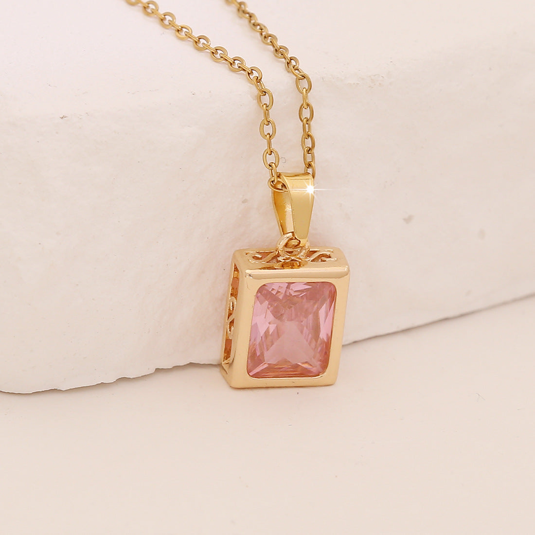 Pink Zirconium Flower Pendant Leaf Geometric Square Clavicle Chain Niche N1487