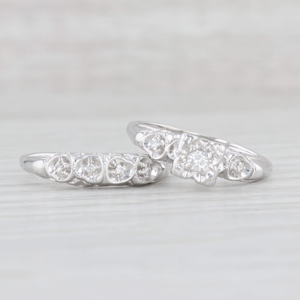 0.11ctw Diamond Engagement Ring Wedding Band Bridal Set 14k White Gold Size 8.5