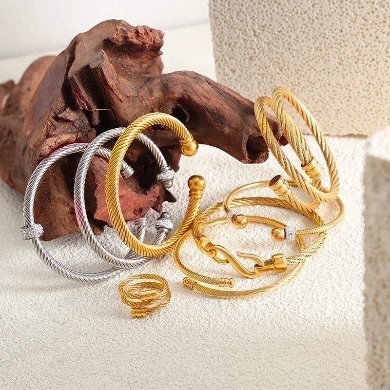 Minimalist Solid Color Titanium Steel Rhinestones 18K Gold Plated Plating Inlay Rings Bracelets
