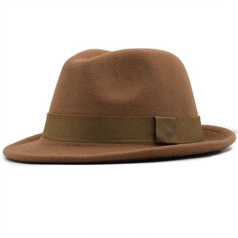 New Brim Hat Woolen Jazz Hat  Top Hat With Hat Band Solid Color Woolen Hat