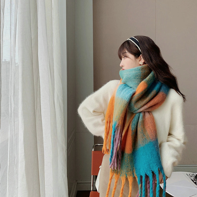 Knock On The Beauty Drop ~ A Big Love Thick Braid Rainbow Checkered Color Matching Scarf Winter Cashmere Plaid Tassel Shawl