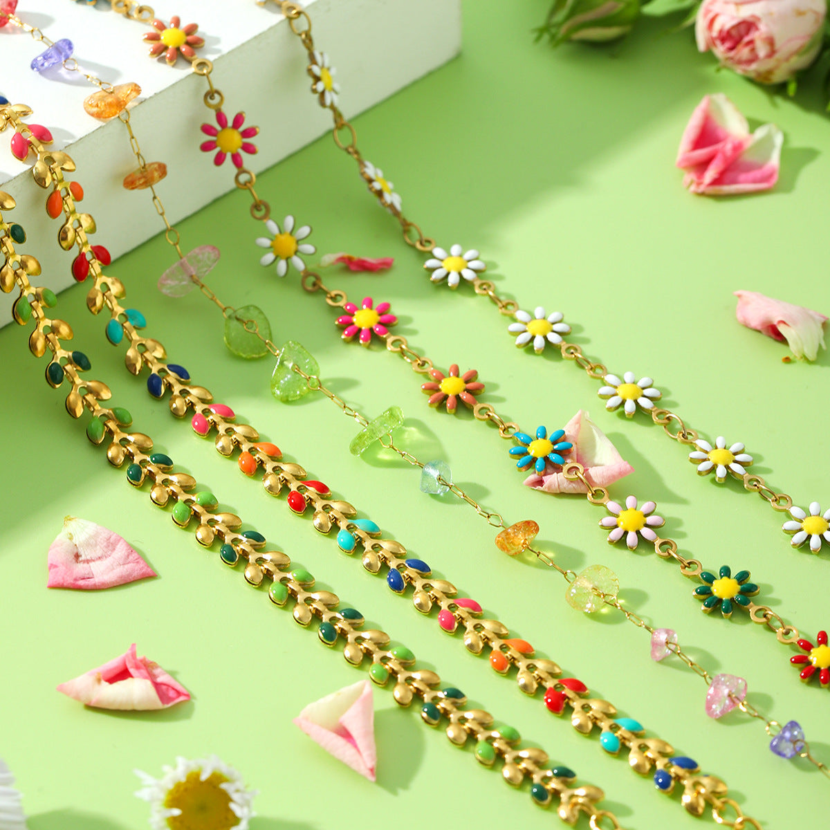 Stainless Steel Chain Small Daisy Olive Branch Butterfly Color Oil Drop Necklace Female Fashion All-Match Titanium Steel Bracelet