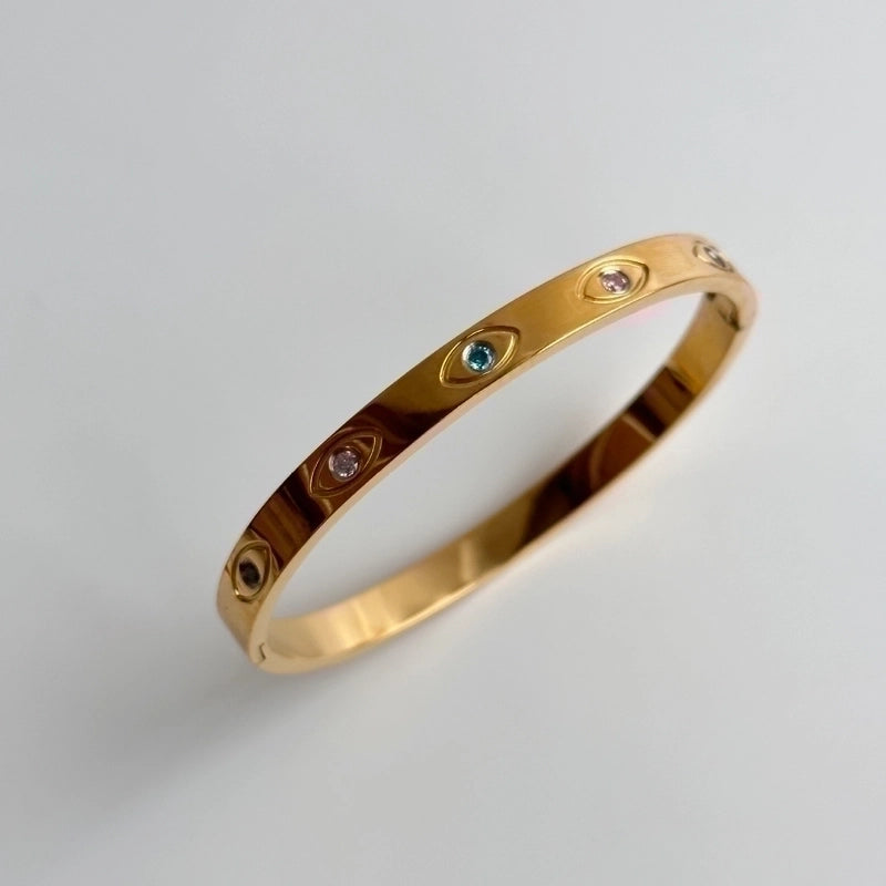 Minimalist Round Titanium Steel Plating Inlay Zircon 18k Gold Plated Bangle
