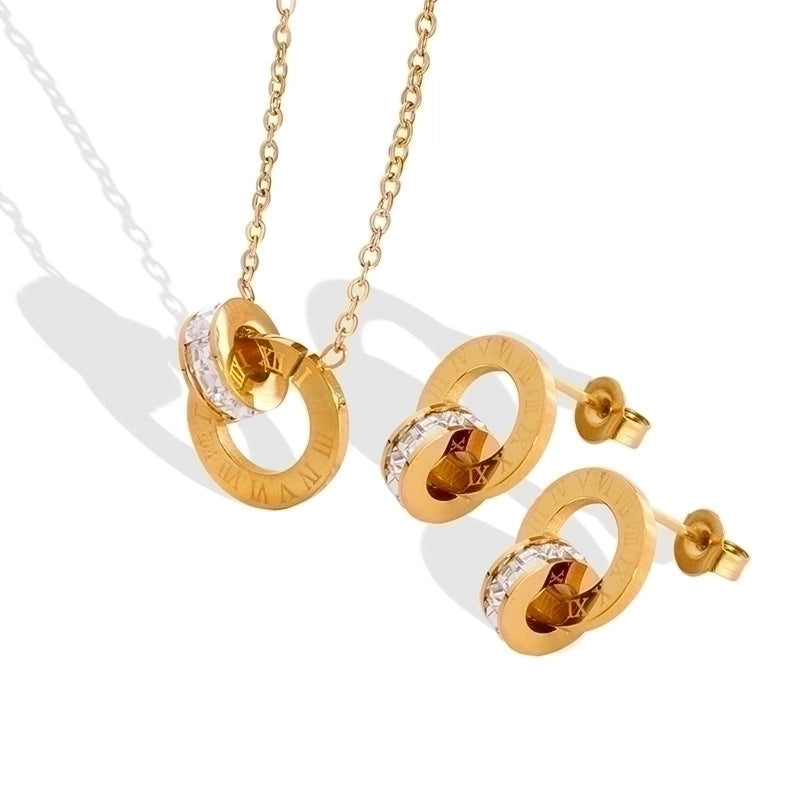 Fashion Round Titanium Steel Inlay Zircon Earrings Necklace