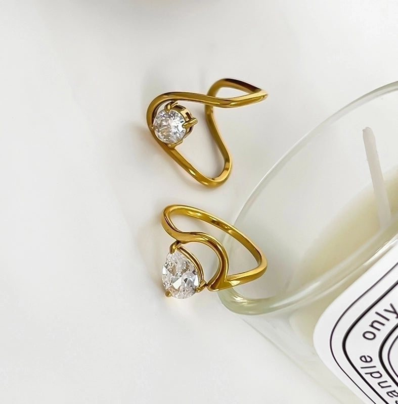 Romantic Shiny Round Water Droplets 316L Stainless Steel  Zircon 18K Gold Plated Inlay Rings