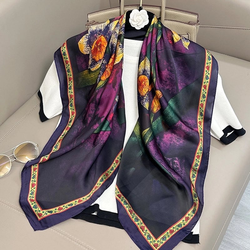 Women's Elegant Vacation Stripe Flower Polyester Silk Scarf
