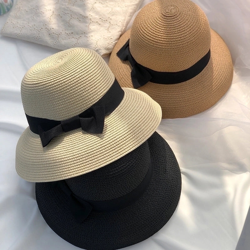 Women's Pastoral Solid Color Bowknot Wide Eaves Straw Hat