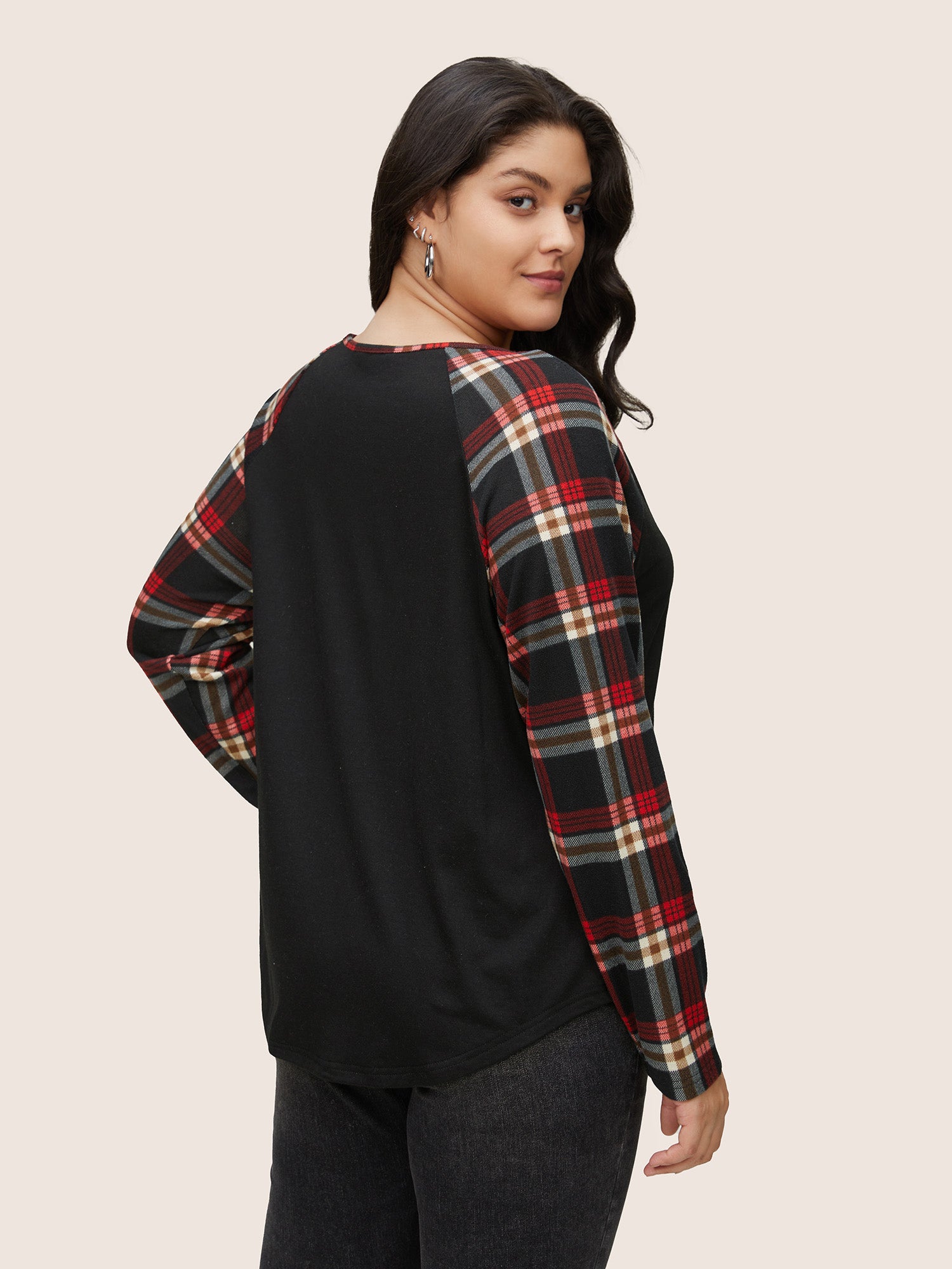 Plaid Patchwork Raglan Sleeve Crisscross T-shirt